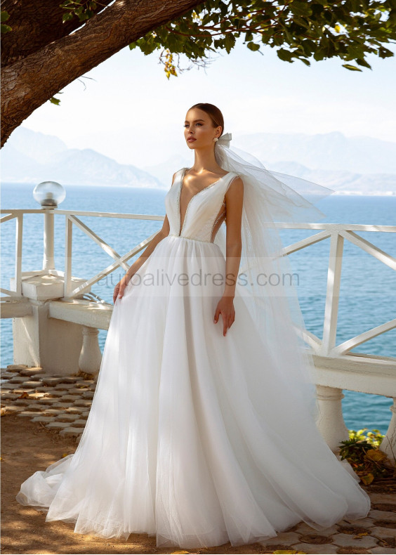 Ivory Glitter Tulle V Back Modern Wedding Dress